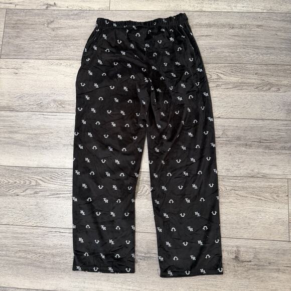 True Religion Men’s Loungewear Minky Fleece Pants Black Allover Logo Size L - Picture 2 of 4